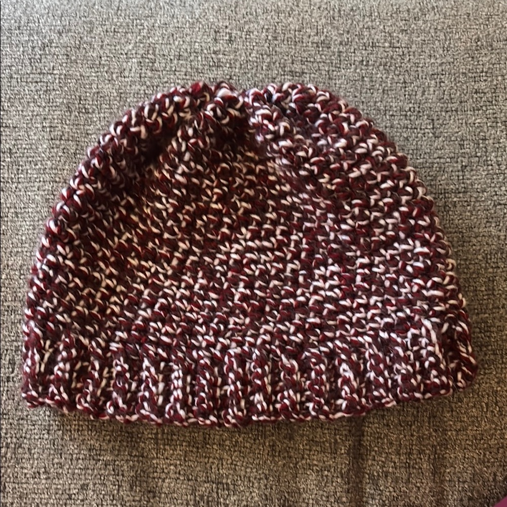 Knit Beanie Handmade in Maroon and White - Picture 1 of 4